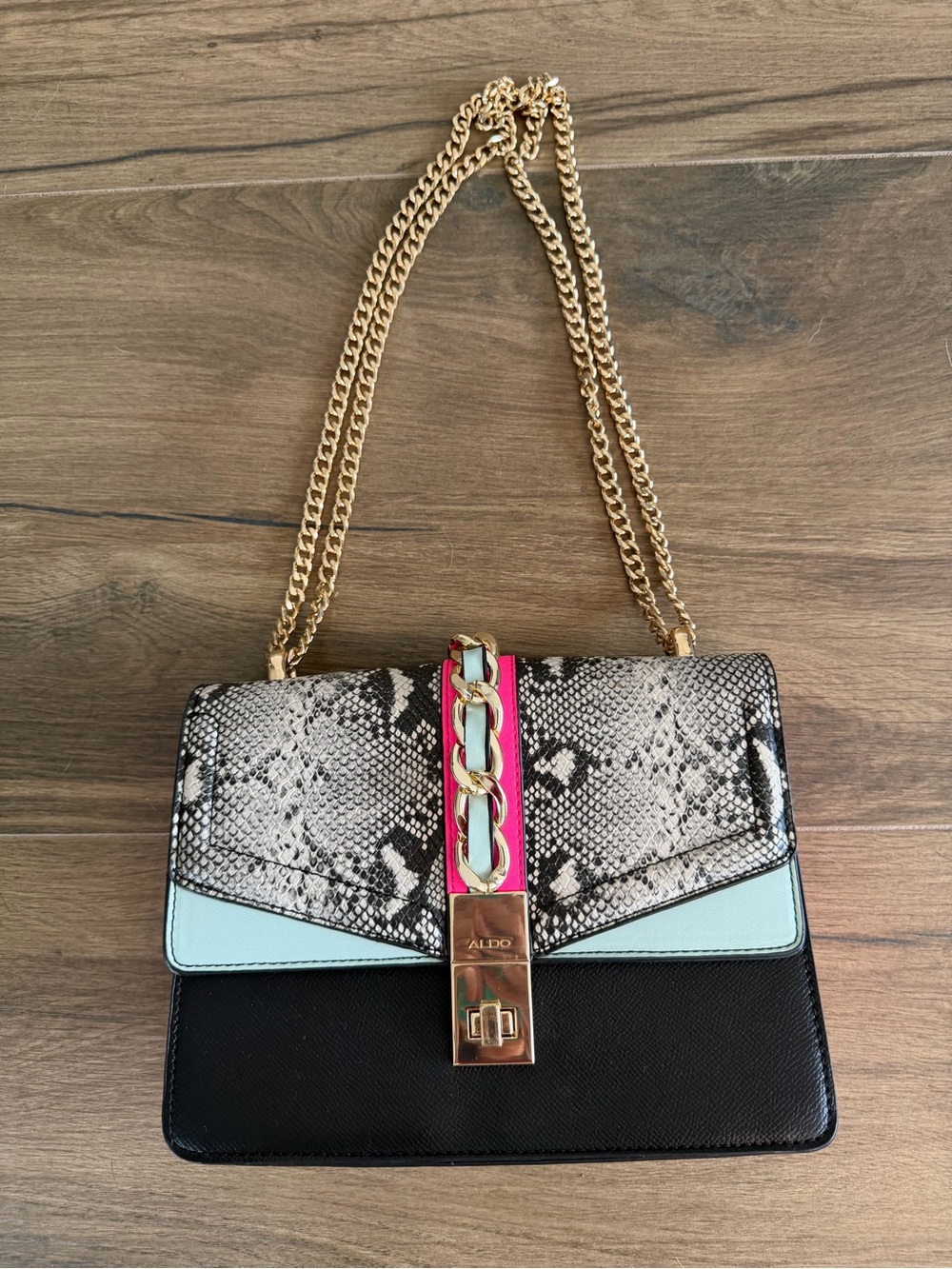 Aldo Snakeskin Print Gold Convertible Chain Purse
